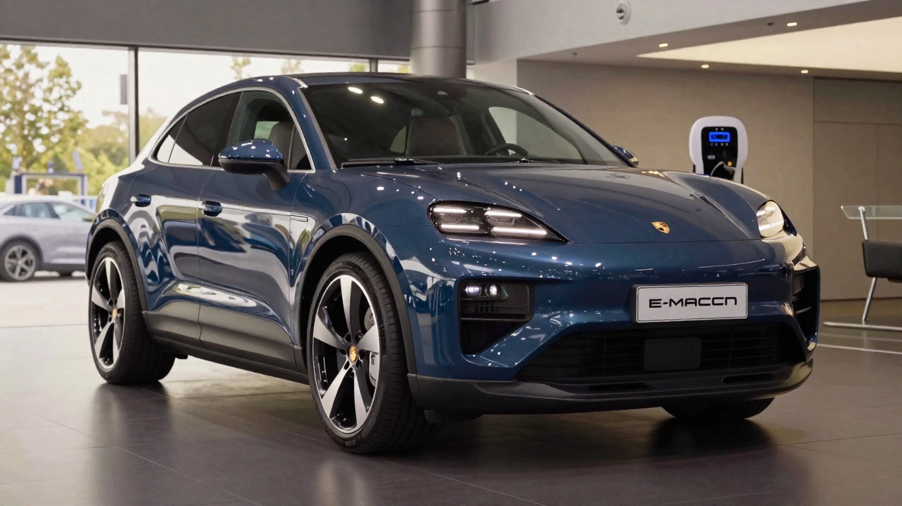 Carro elétrico Porsche E-Macan azul em exposição dentro de showroom moderno.