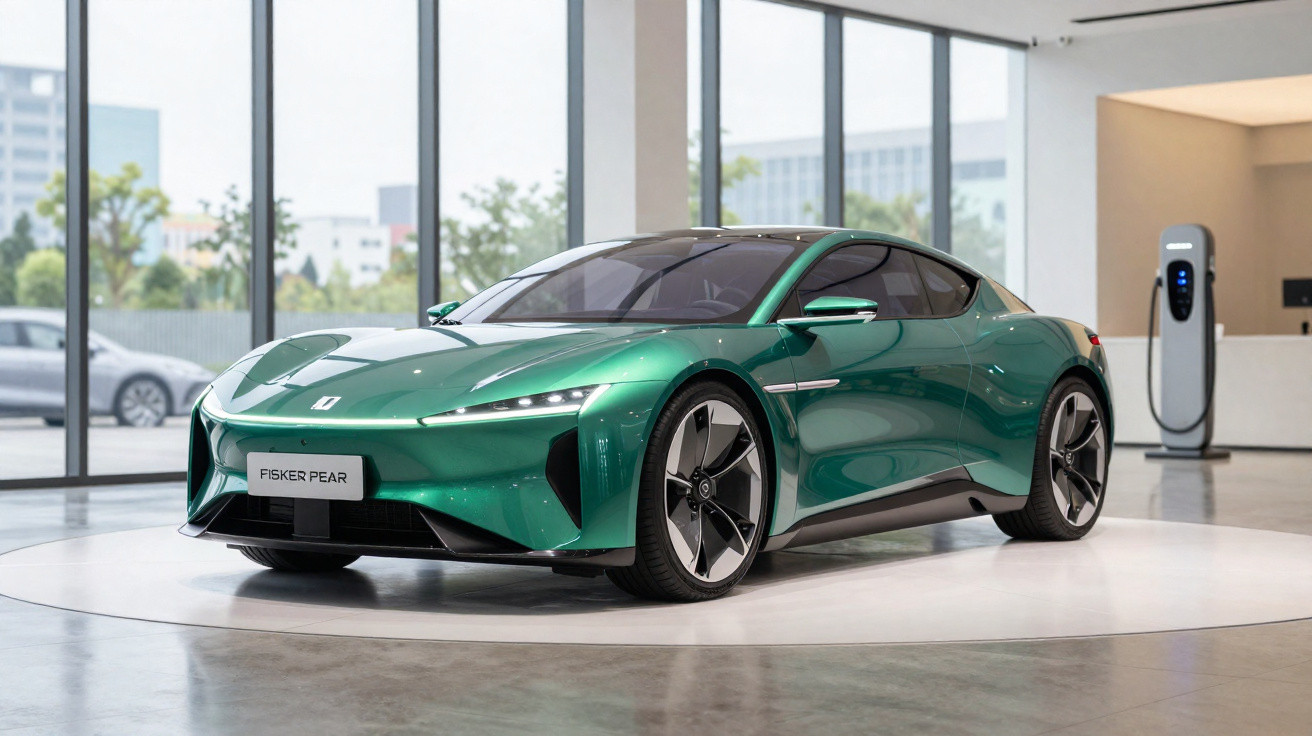 Carro esportivo elétrico verde Fisker Pear exibido em showroom moderno com carregador ao fundo.
