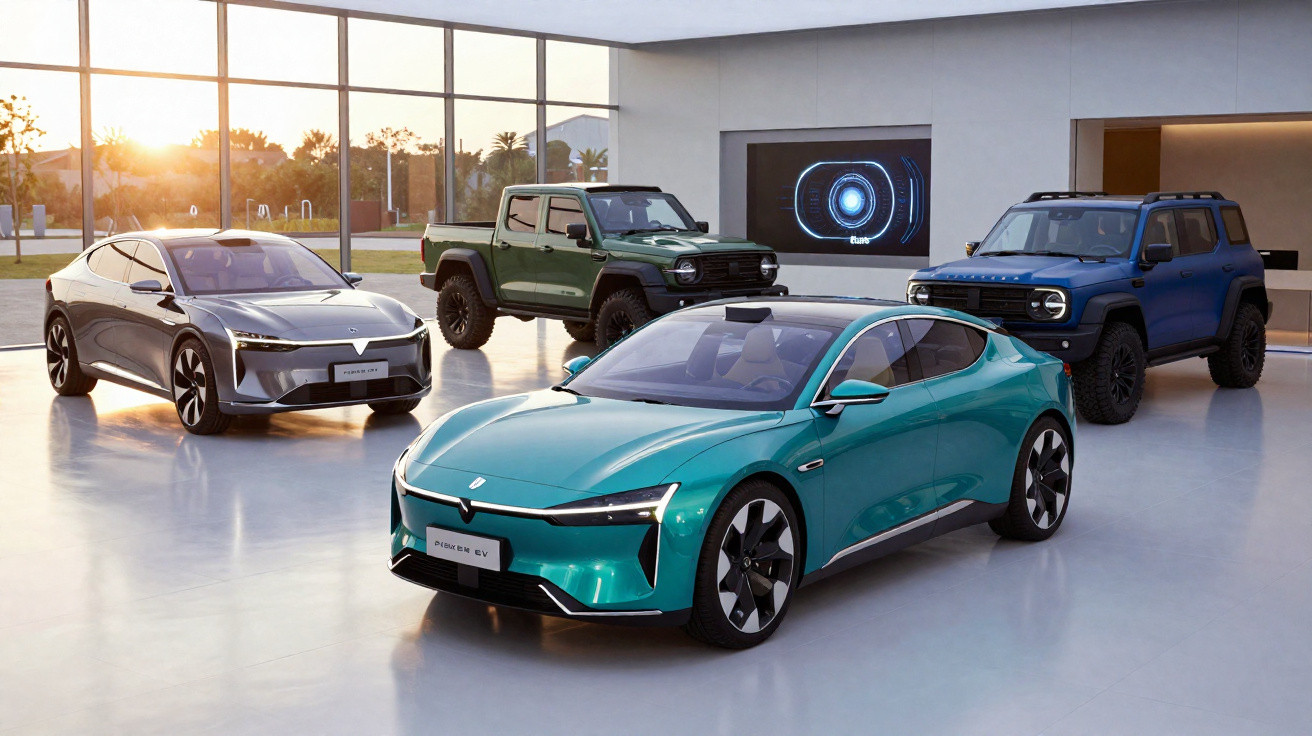 Quatro carros elétricos de diferentes modelos estacionados em showroom moderno com grandes janelas.