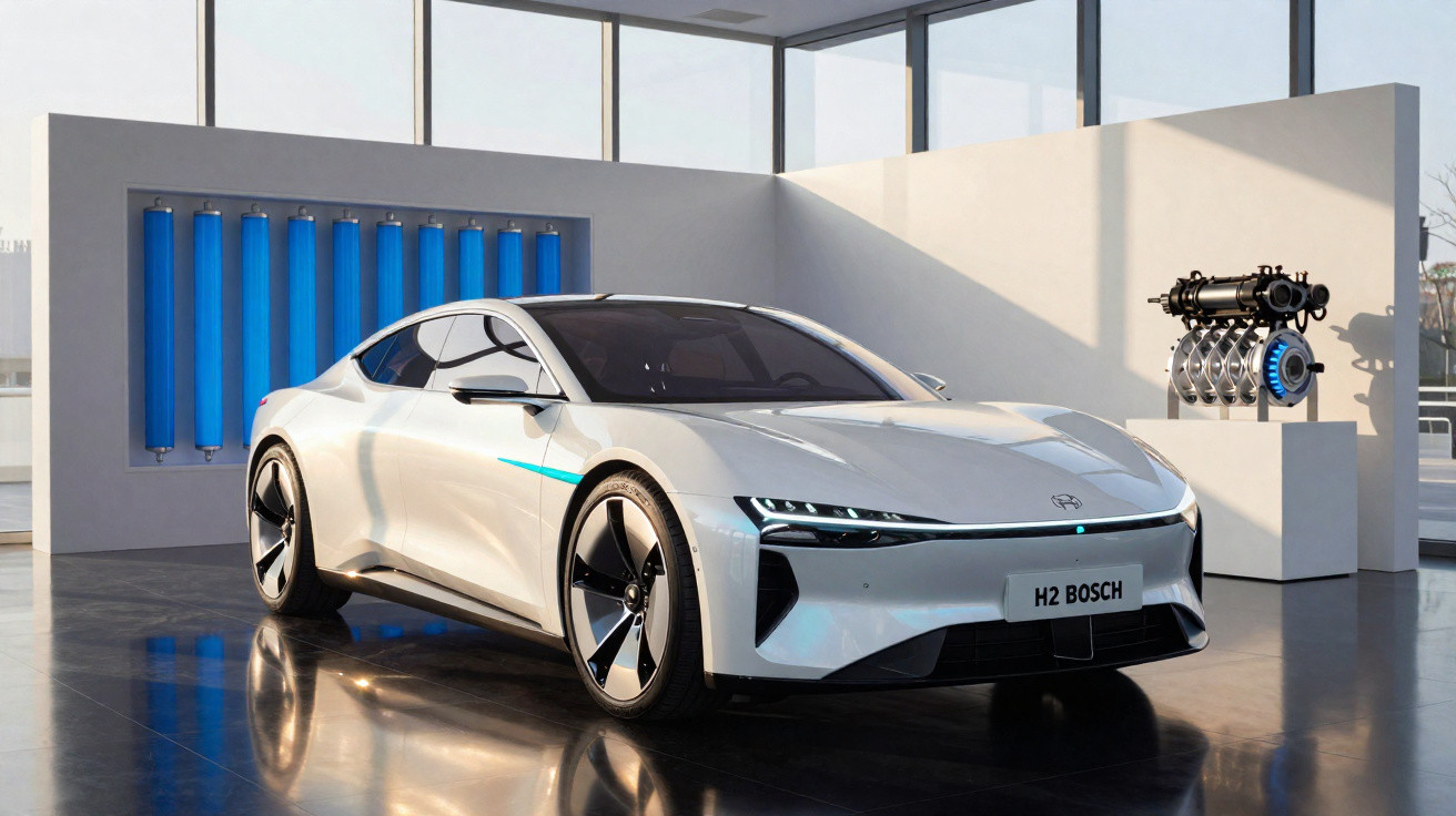 Carro esportivo branco H2 Bosch em ambiente moderno com cilindros azuis e motor exposto ao fundo.