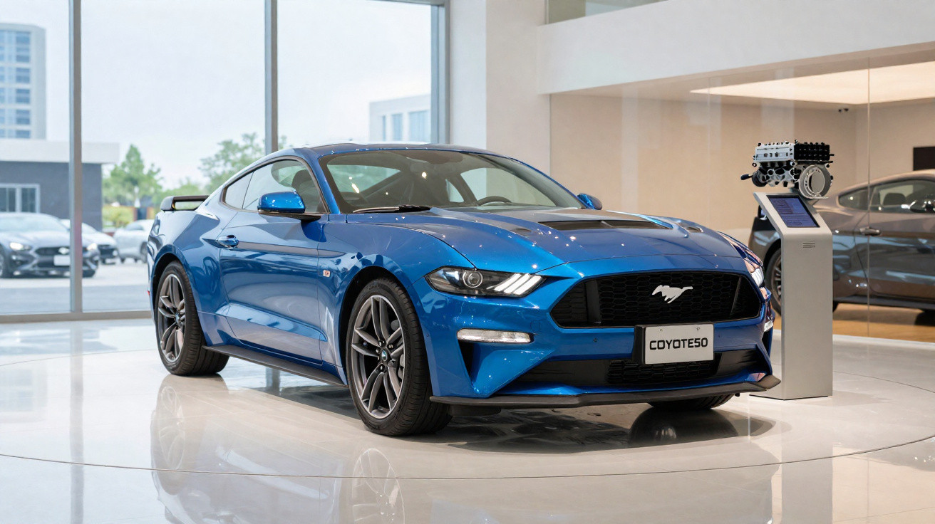 Carro esportivo azul Ford Mustang exibido em showroom moderno com motor ao lado.