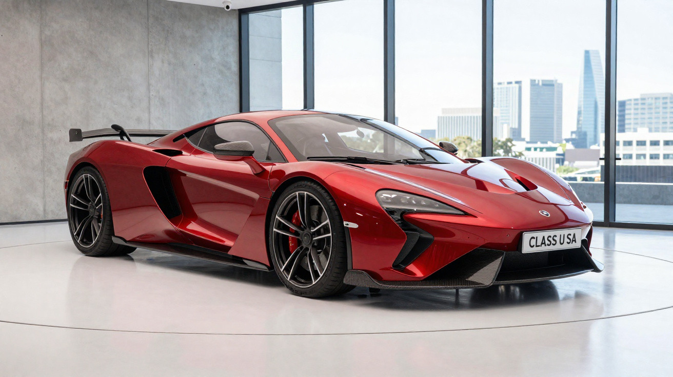 Carro esportivo vermelho exibido em ambiente moderno com janelas grandes e vista urbana ao fundo.