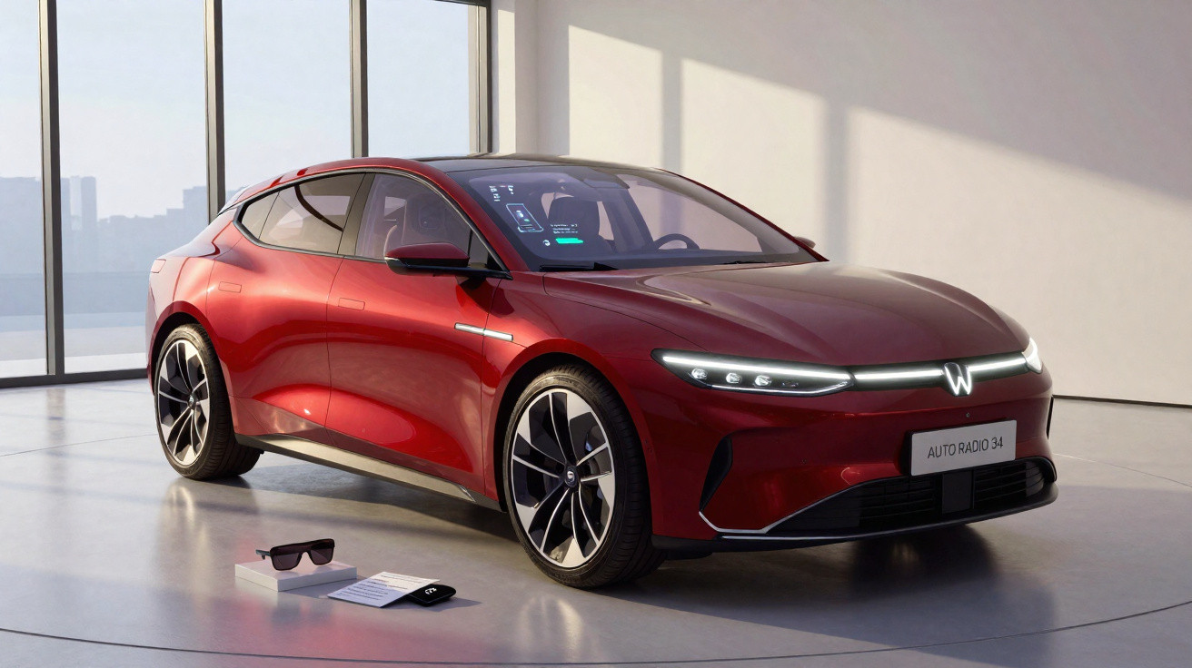 Carro elétrico vermelho moderno em ambiente interno minimalista com janelas amplas e luz natural.