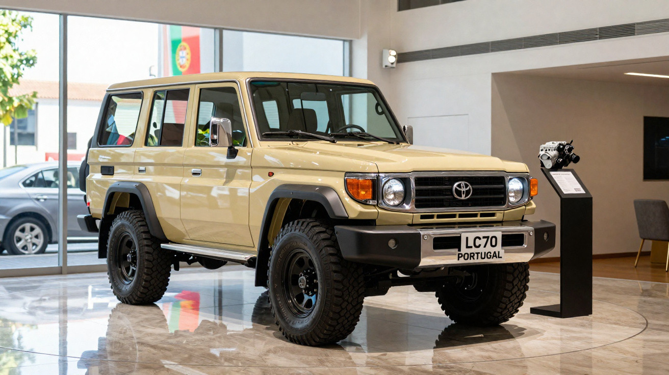 SUV Toyota Land Cruiser LC70 bege exposto em salão com piso de mármore e iluminação natural.