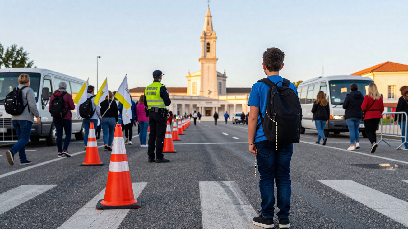 Menino com mochila na faixa de pedestres observa grupo de pessoas caminhando em direção a igreja ao fundo.