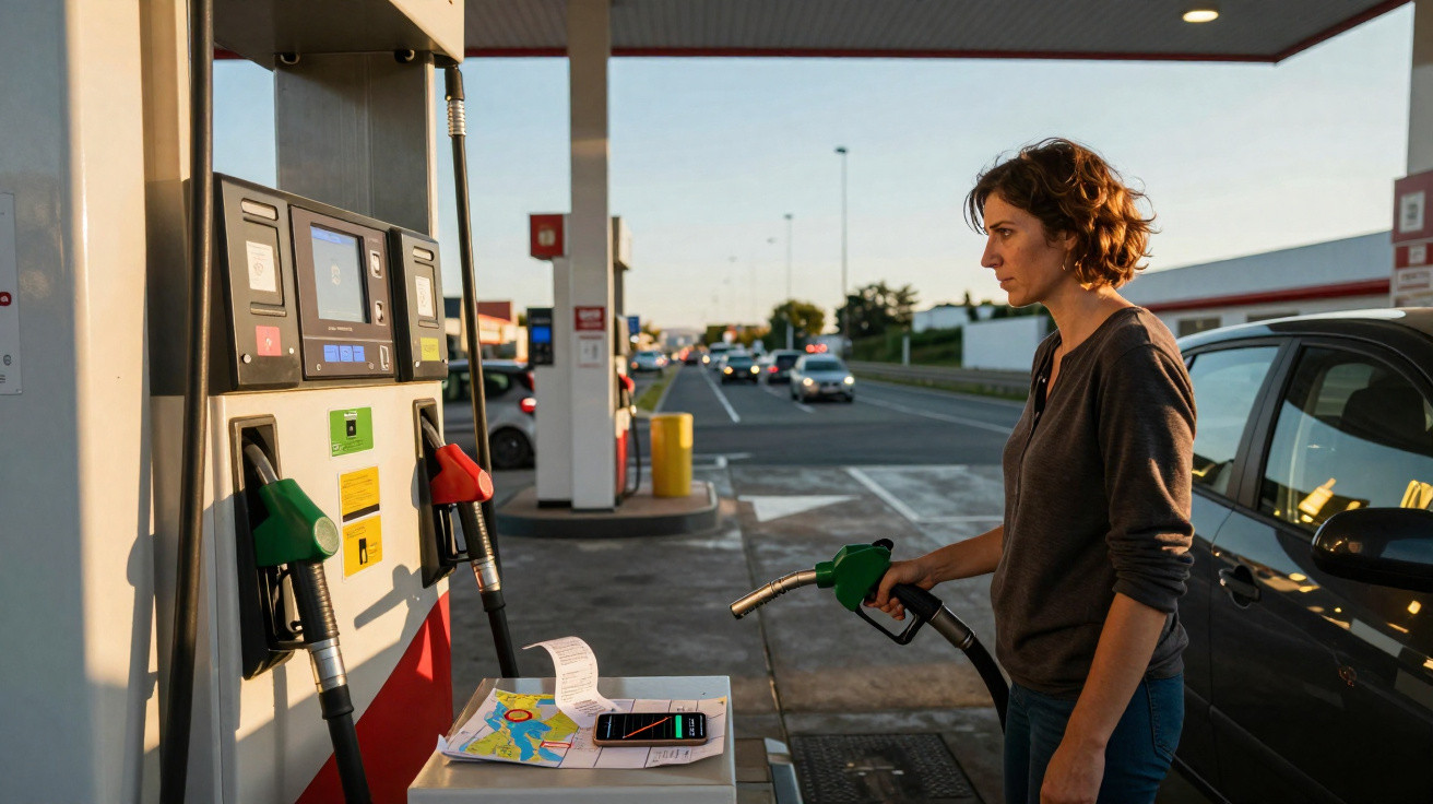 Mulher abastecendo carro em posto de combustíveis ao entardecer, com celular e mapa sobre a bomba.