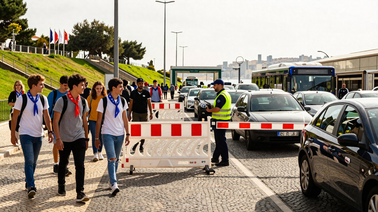 Pedestres atravessando bloqueio de trânsito com cone e agente no centro urbano ensolarado.