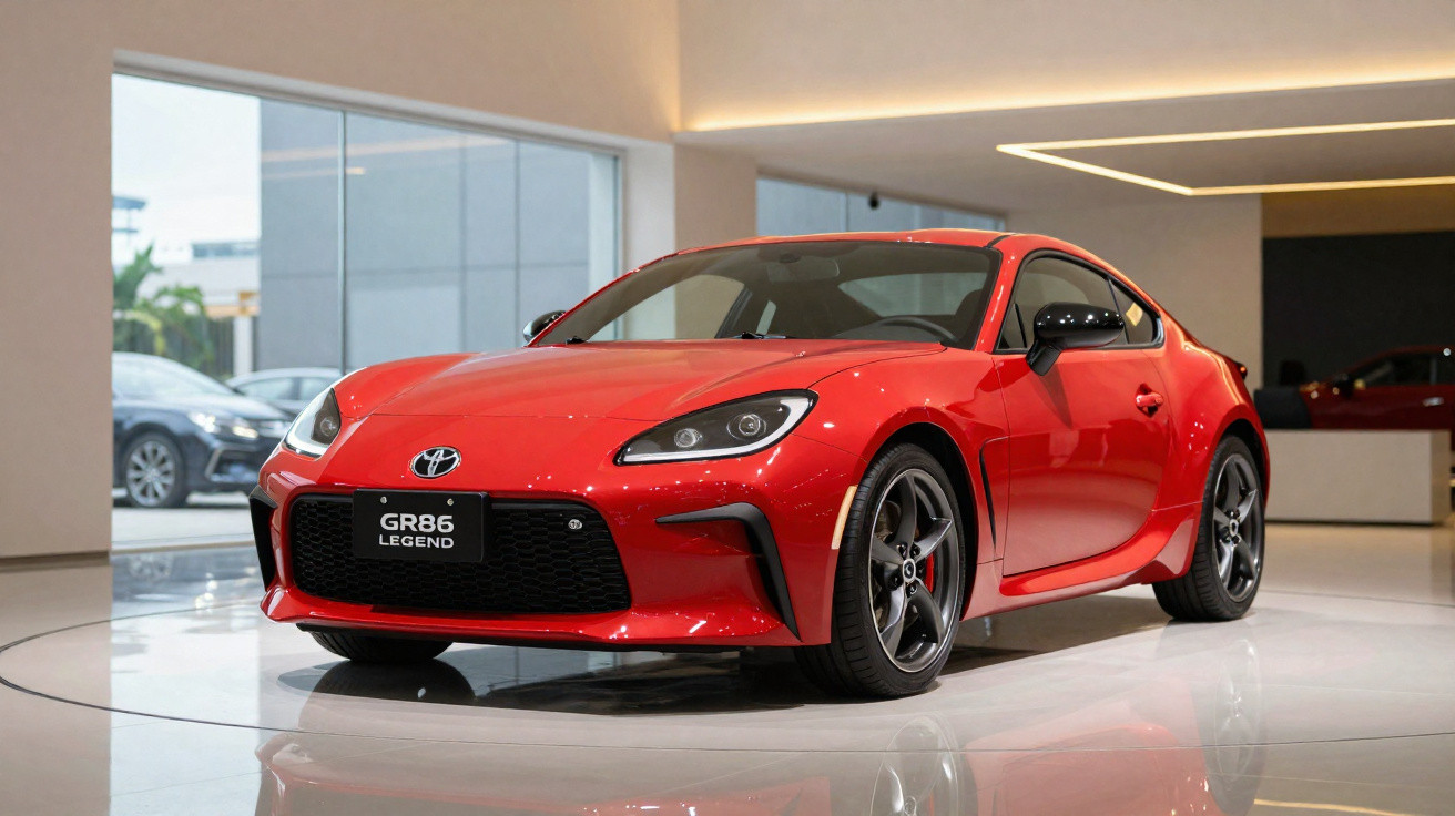 Carro esportivo Toyota GR86 vermelho exibido em showroom moderno com chão branco brilhante.