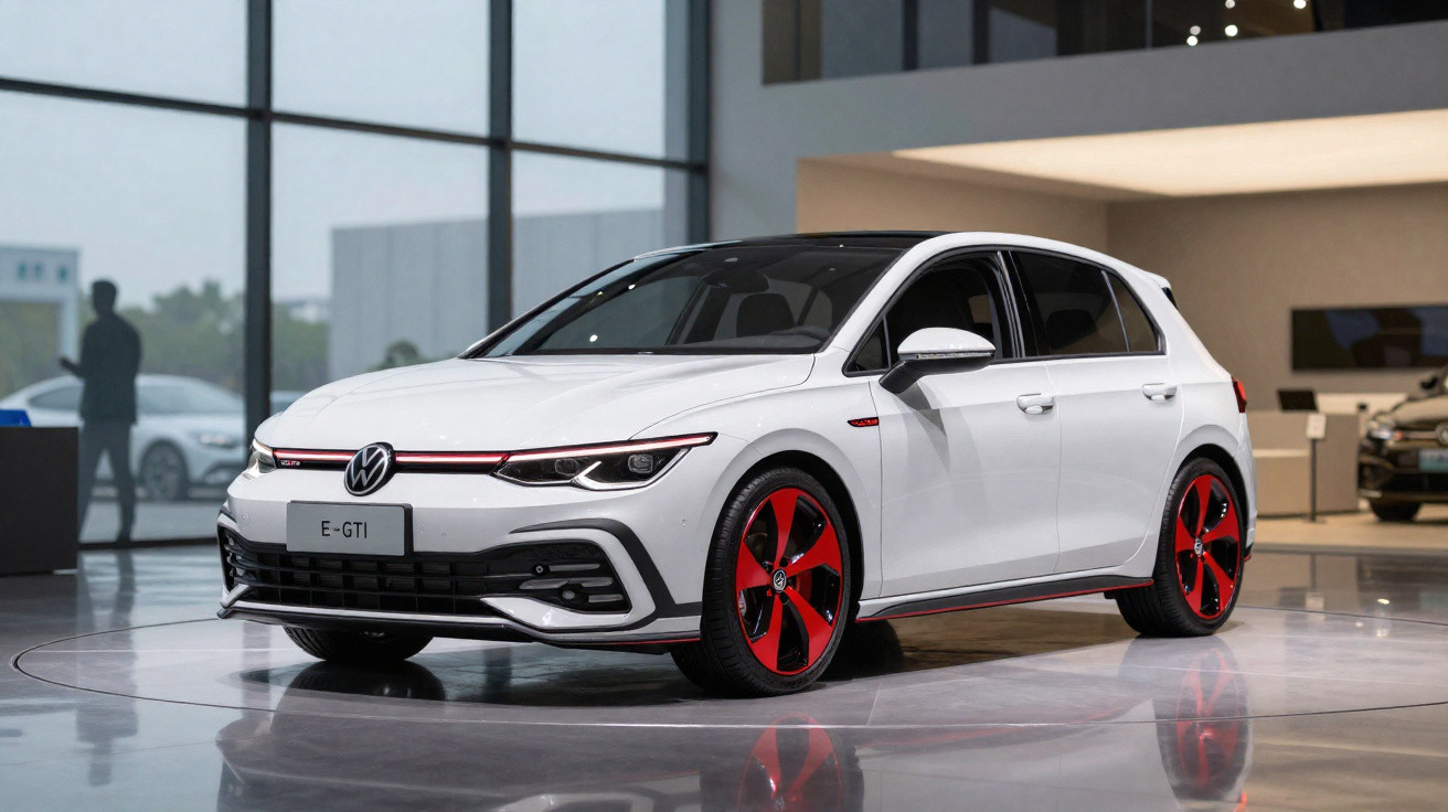 Carro Volkswagen E-GTI branco com rodas vermelhas em exposição dentro de showroom moderno.