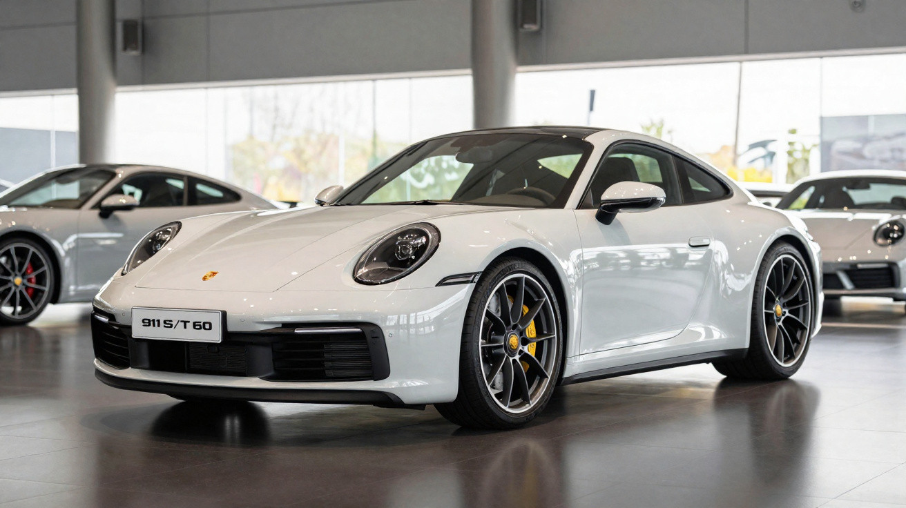 Carro esportivo branco Porsche 911 S/T 60 exibido em showroom moderno e iluminado.