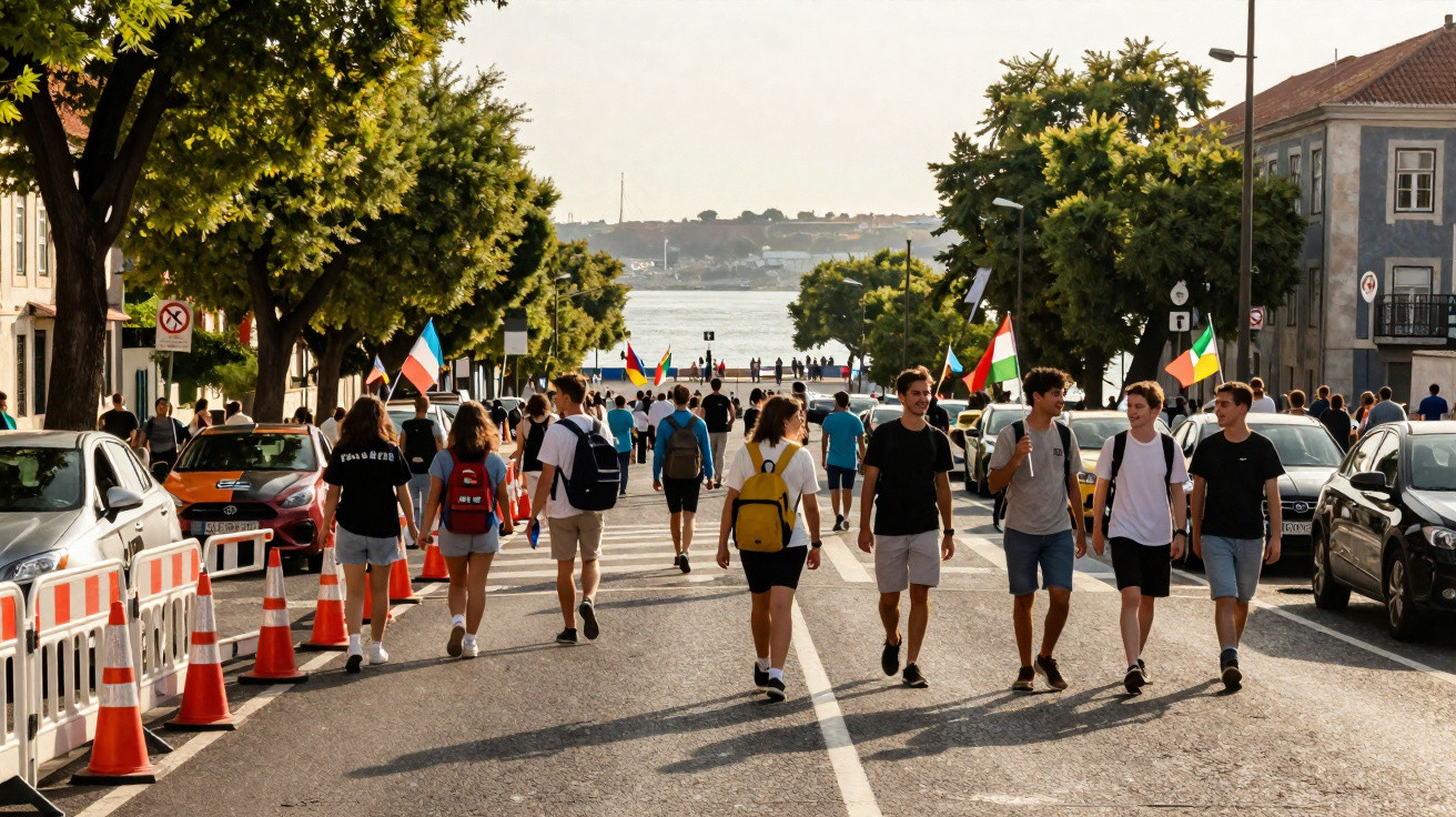 Pessoas caminhando em rua arborizada com carros estacionados, bandeiras coloridas e vista para o rio ao fundo.
