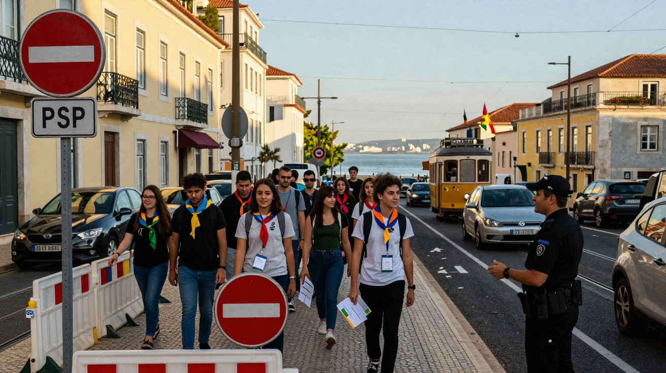 Grupo de jovens caminhando em calçada de rua urbana com policial e bondinho ao fundo em Lisboa.