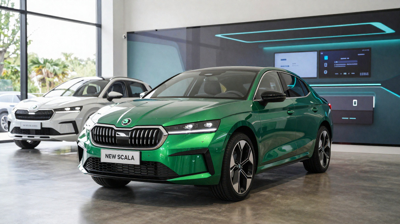 Carro verde Skoda New Scala em showroom moderno com outro carro branco ao fundo.