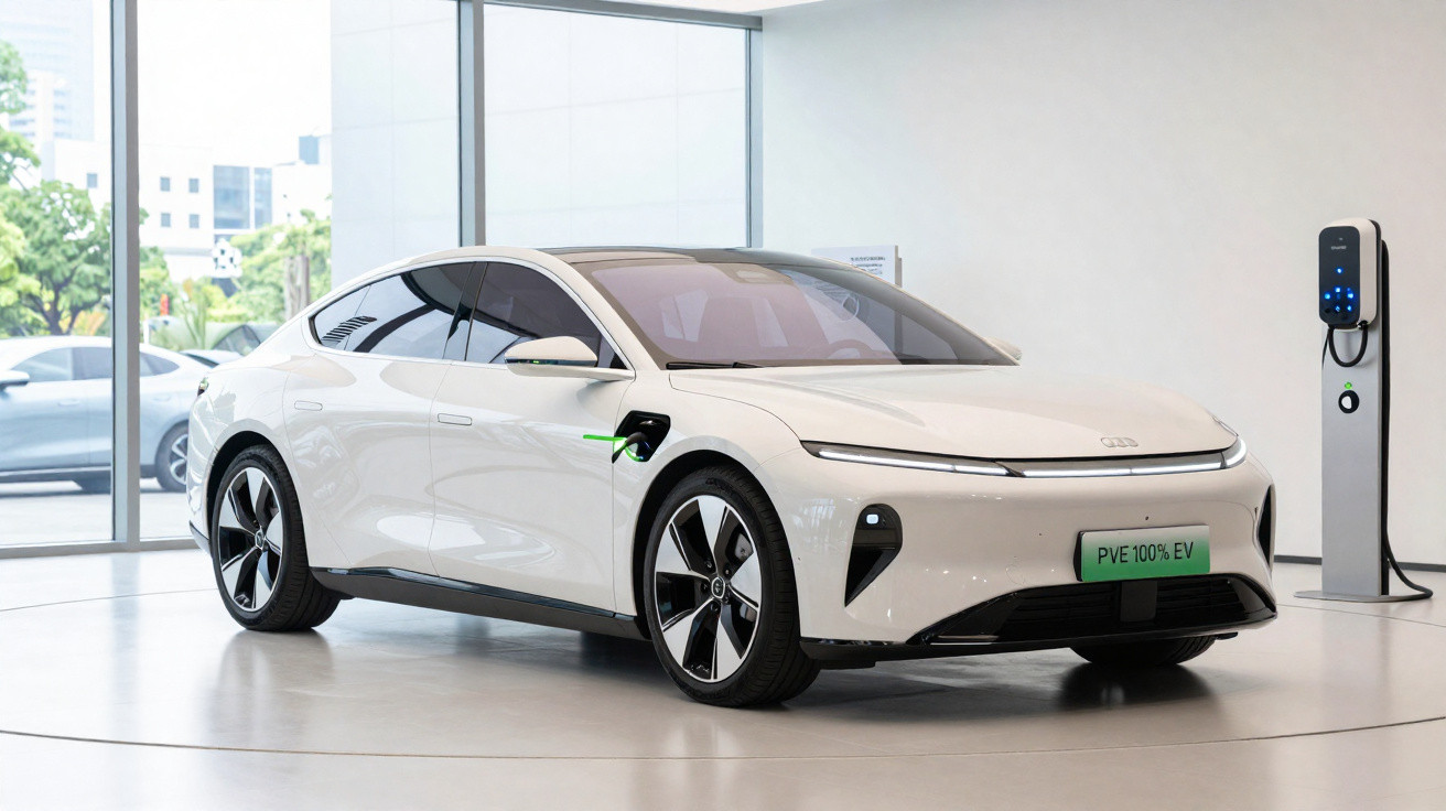Carro elétrico branco estacionado em salão com carregador veicular conectado à lateral.