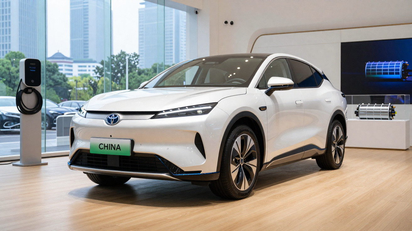 Carro elétrico branco exposto em showroom moderno com painel de carregamento e prédios ao fundo.