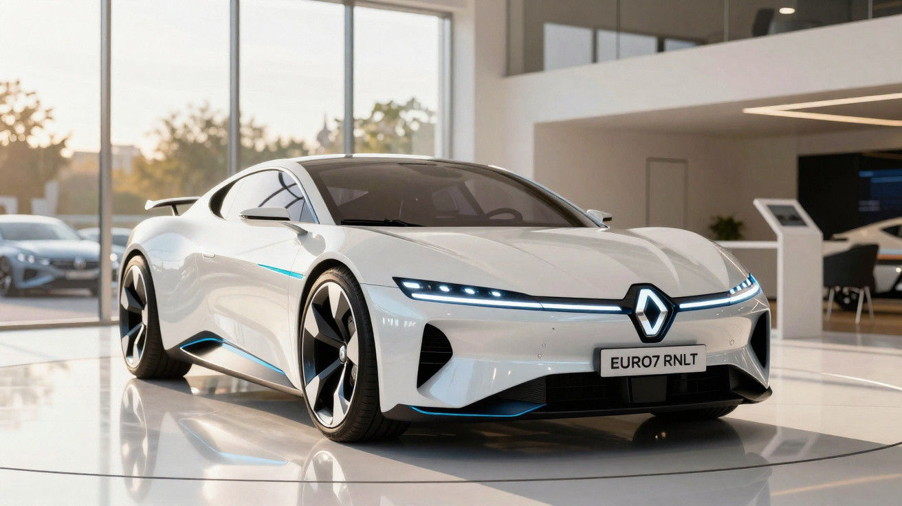 Carro esportivo branco da Renault em showroom moderno com design aerodinâmico e faróis LED finos.