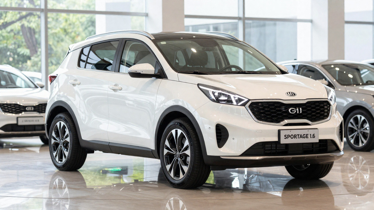 SUV branco Kia Sportage 1.6 em exposição dentro de uma concessionária iluminada.