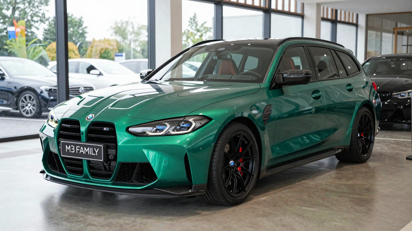BMW M3 Touring verde em showroom com rodas pretas e interior vermelho.