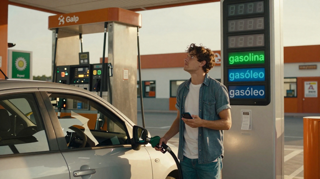 Homem abastece carro com bomba de gasolina em posto Galp ao entardecer.