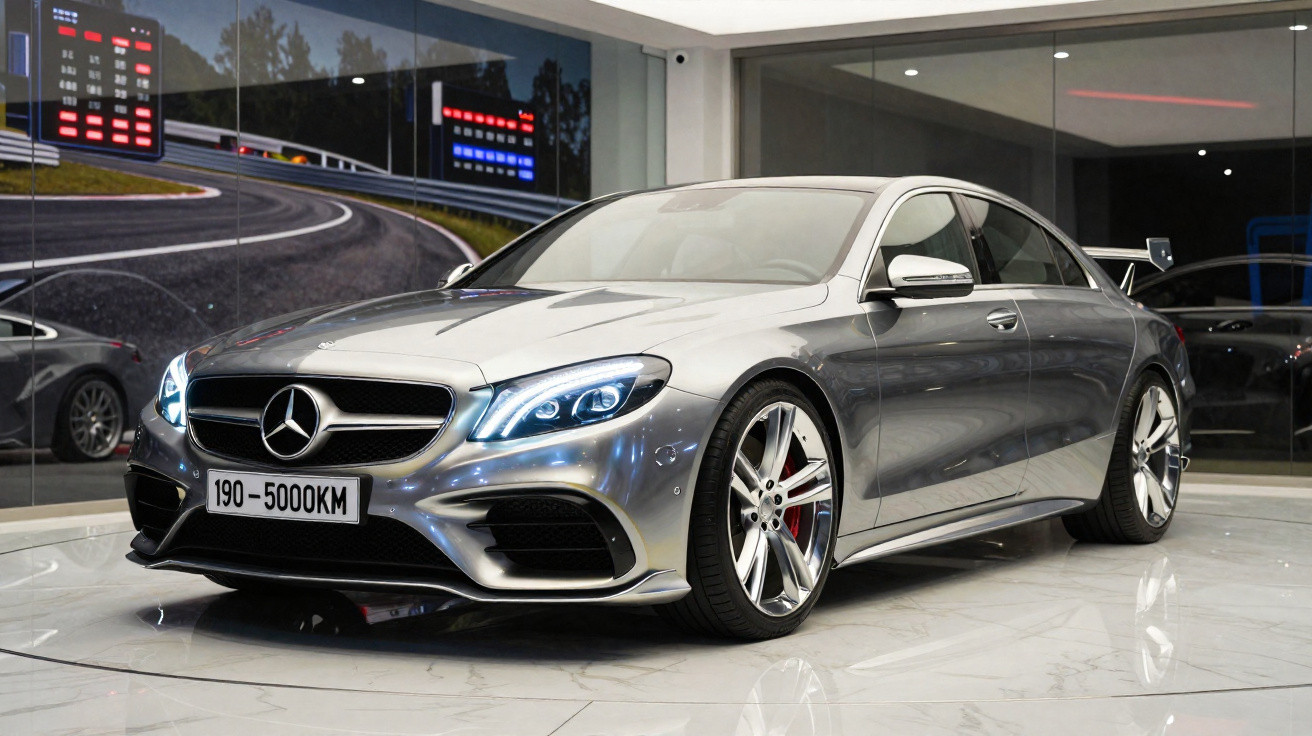 Carro Mercedes-Benz cinza prateado exibido em showroom moderno com pintura brilhante e faróis acesos.