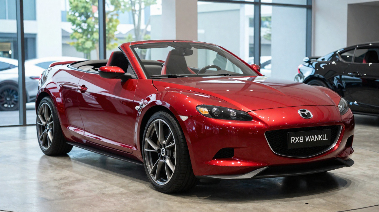 Carro conversível vermelho Mazda RX8 exibido em showroom com teto aberto e rodas esportivas.
