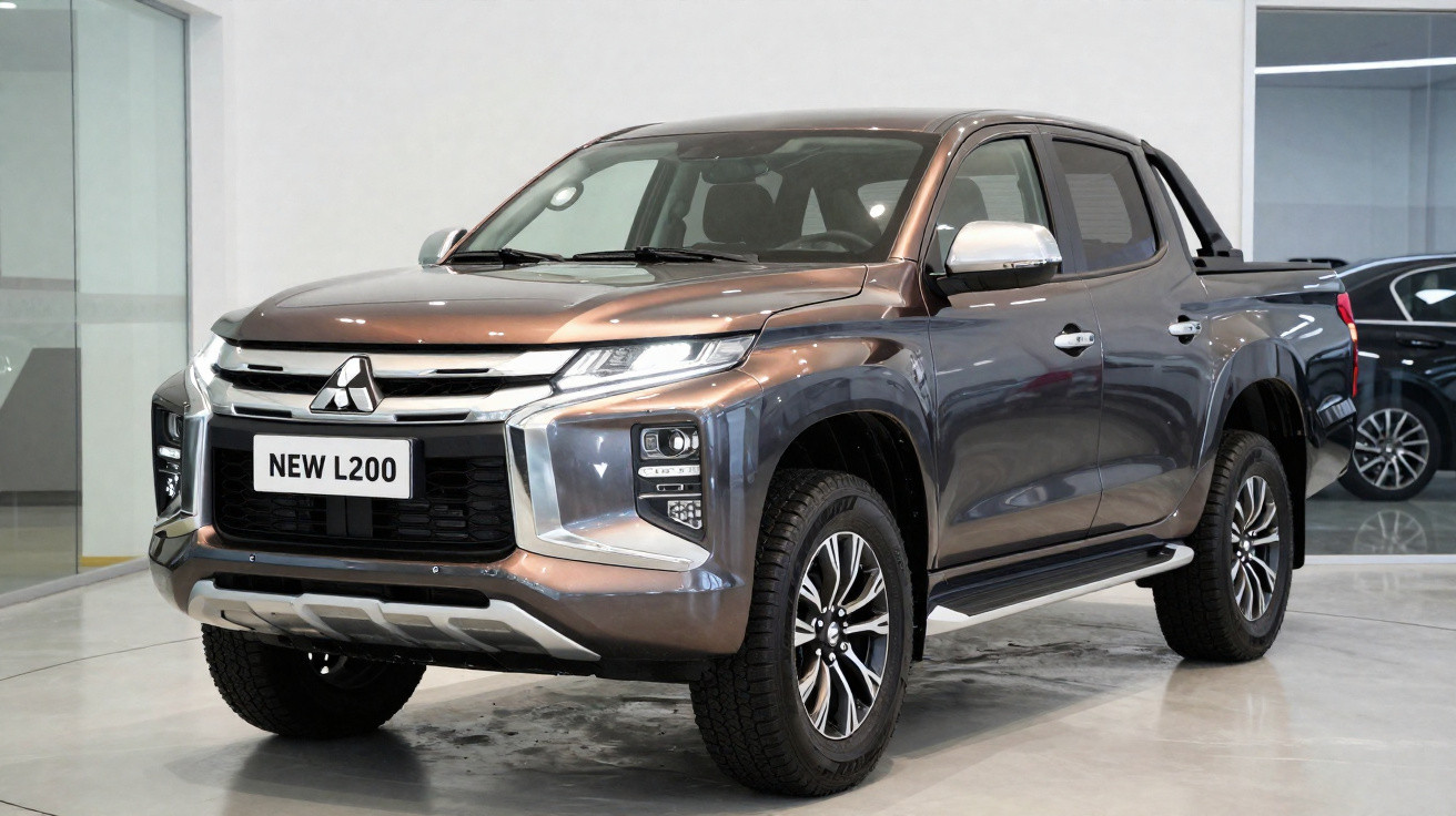 Picape Mitsubishi L200 marrom em showroom com design moderno e robusto.