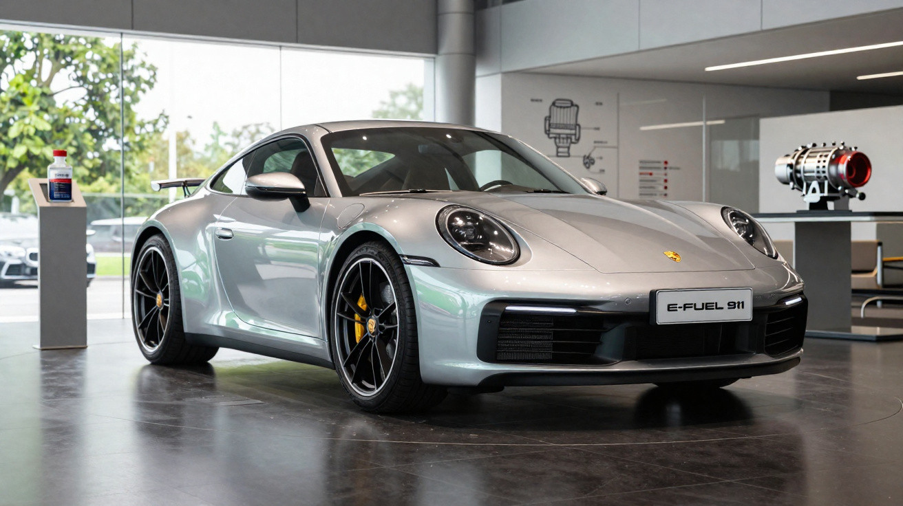 Carro esportivo prata Porsche E-Fuel 911 exibido em showroom moderno com motor exposto ao fundo.
