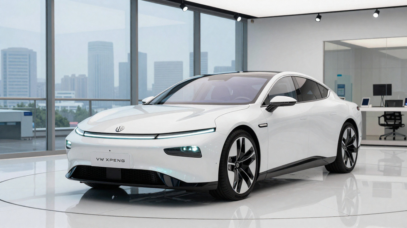 Carro elétrico branco VW XPeng exposto em showroom moderno com grandes janelas e vista da cidade.