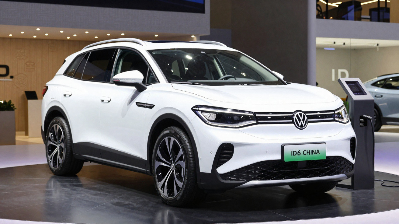 Carro elétrico branco Volkswagen ID.6 China exposto em salão automotivo, com carregador ao lado.
