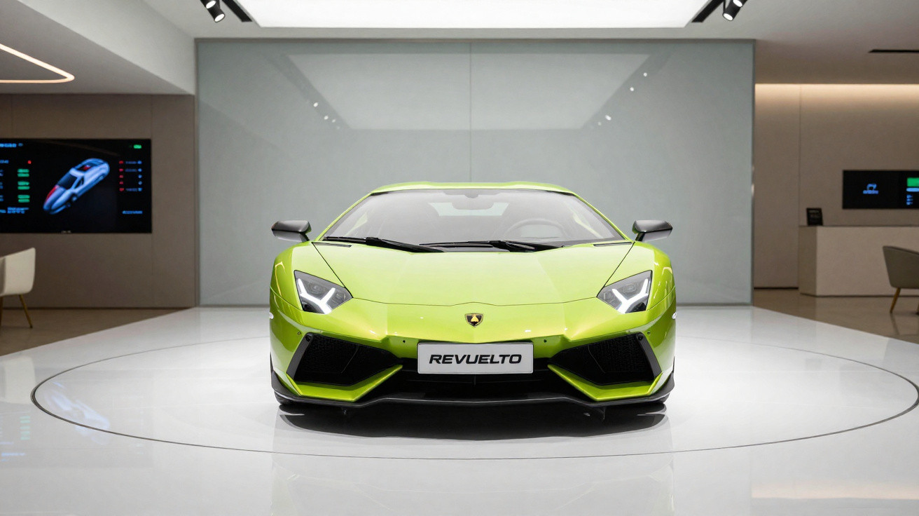 Carro esportivo Lamborghini Revuelto verde limão em exposição em ambiente moderno e bem iluminado.