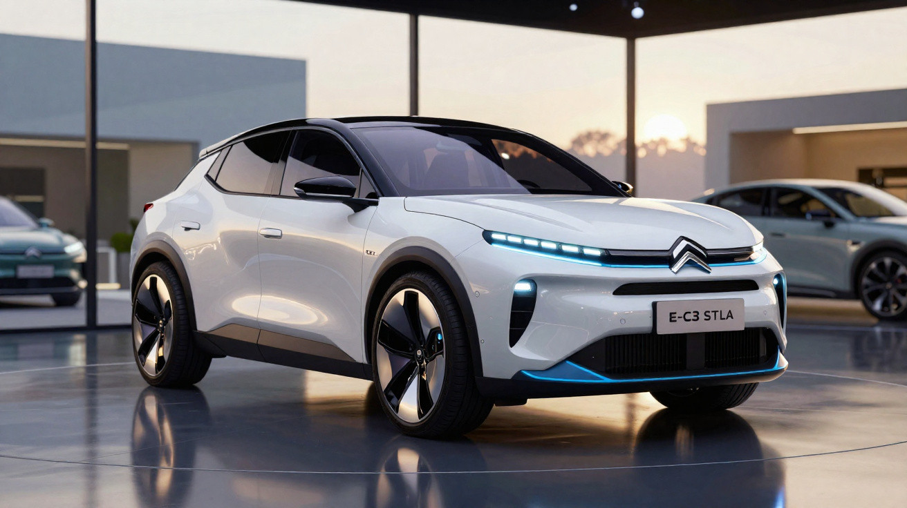 Carro elétrico Citroën E-C3 branco exibido em ambiente interno moderno com iluminação suave.