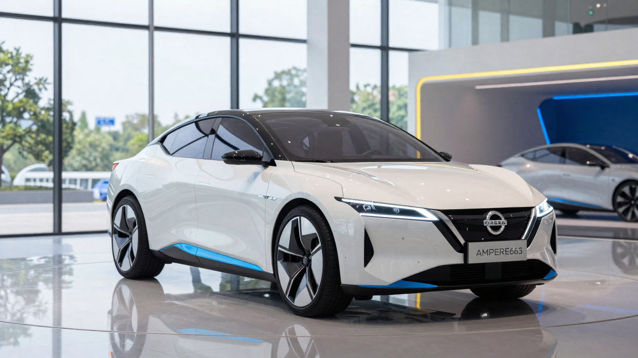 Carro elétrico Nissan branco em exposição em ambiente moderno com grande janela de vidro.
