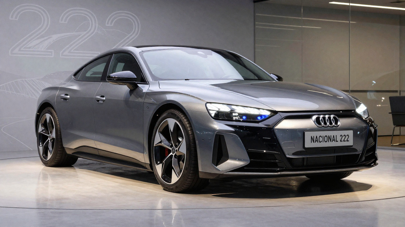 Carro esportivo Audi cinza escuro com faróis acesos, exibido em ambiente interno moderno.