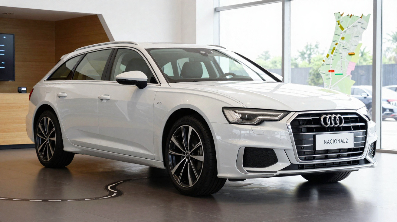 Carro Audi branco estacionado em showroom moderno com piso cinza e parede de vidro ao fundo.