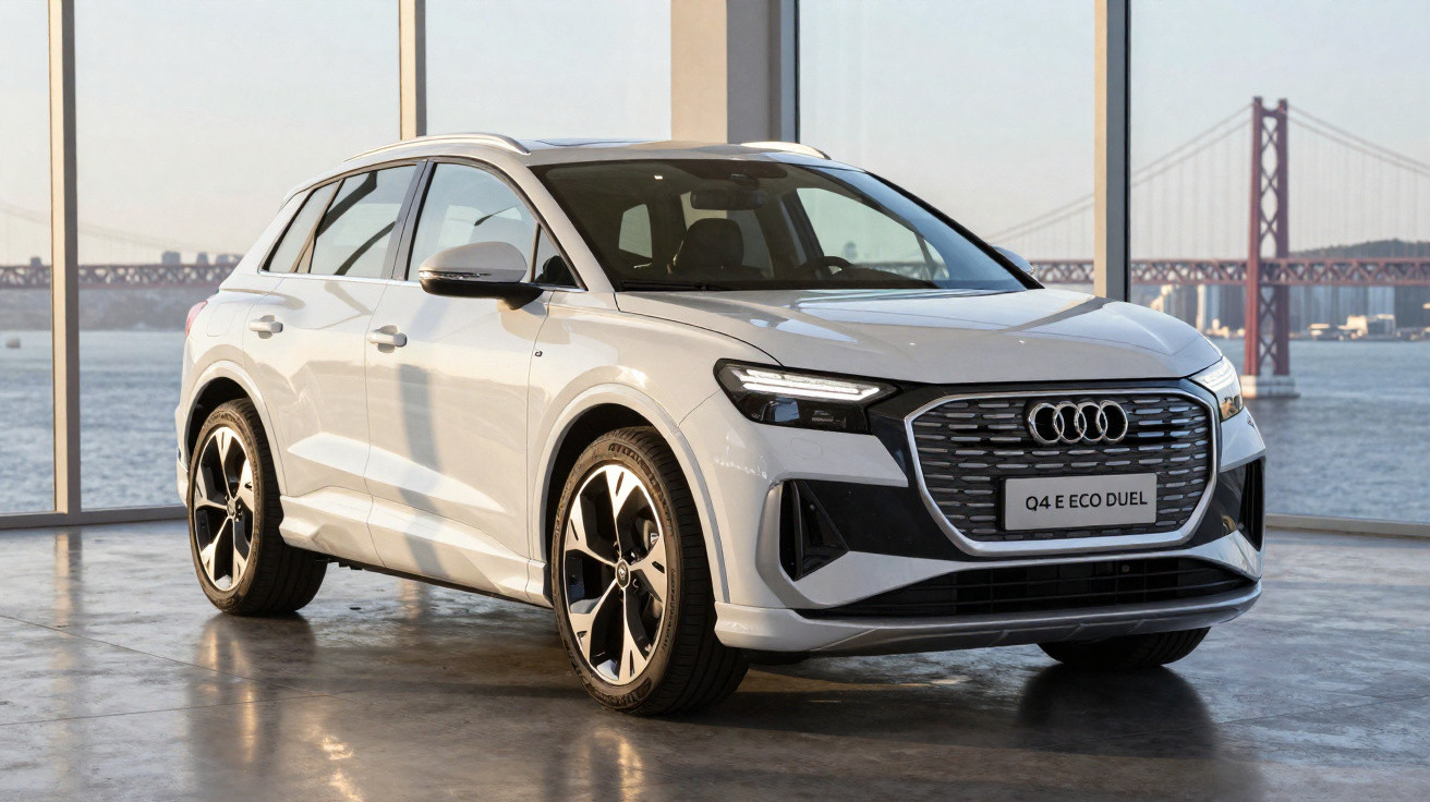 Carro elétrico Audi Q4 e-tron branco em ambiente interno com janelas e vista para ponte ao fundo.