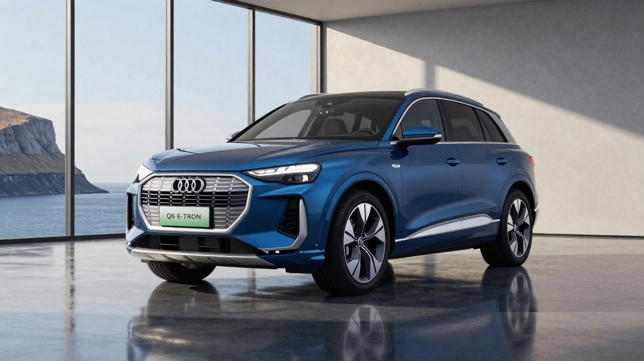 SUV Audi Q6 E-Tron azul estacionado em ambiente interno com vista para o mar ao fundo.