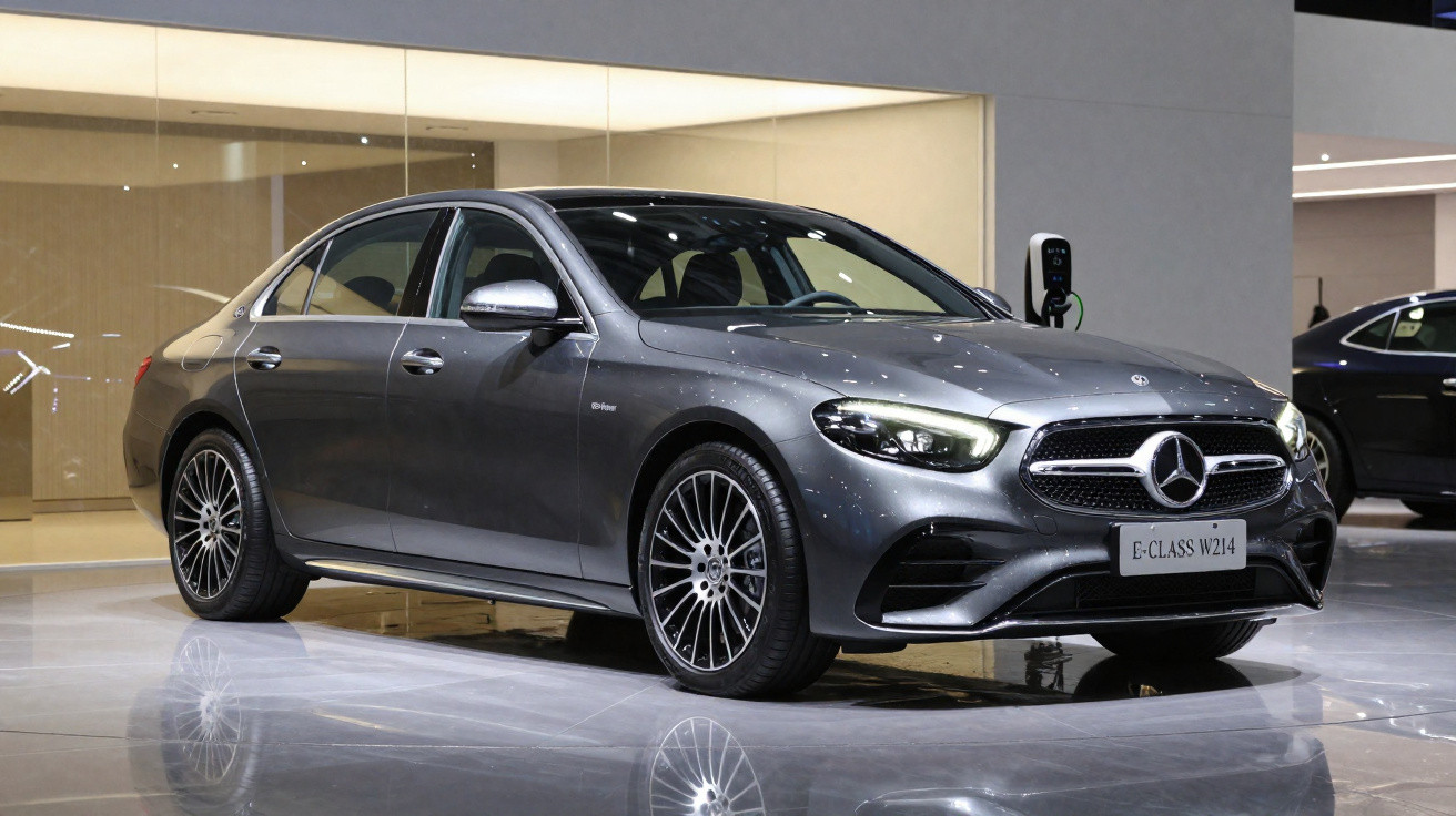 Carro sedan Mercedes-Benz E-Class W214 cinza exibido em showroom moderno, luzes refletidas no chão polido.