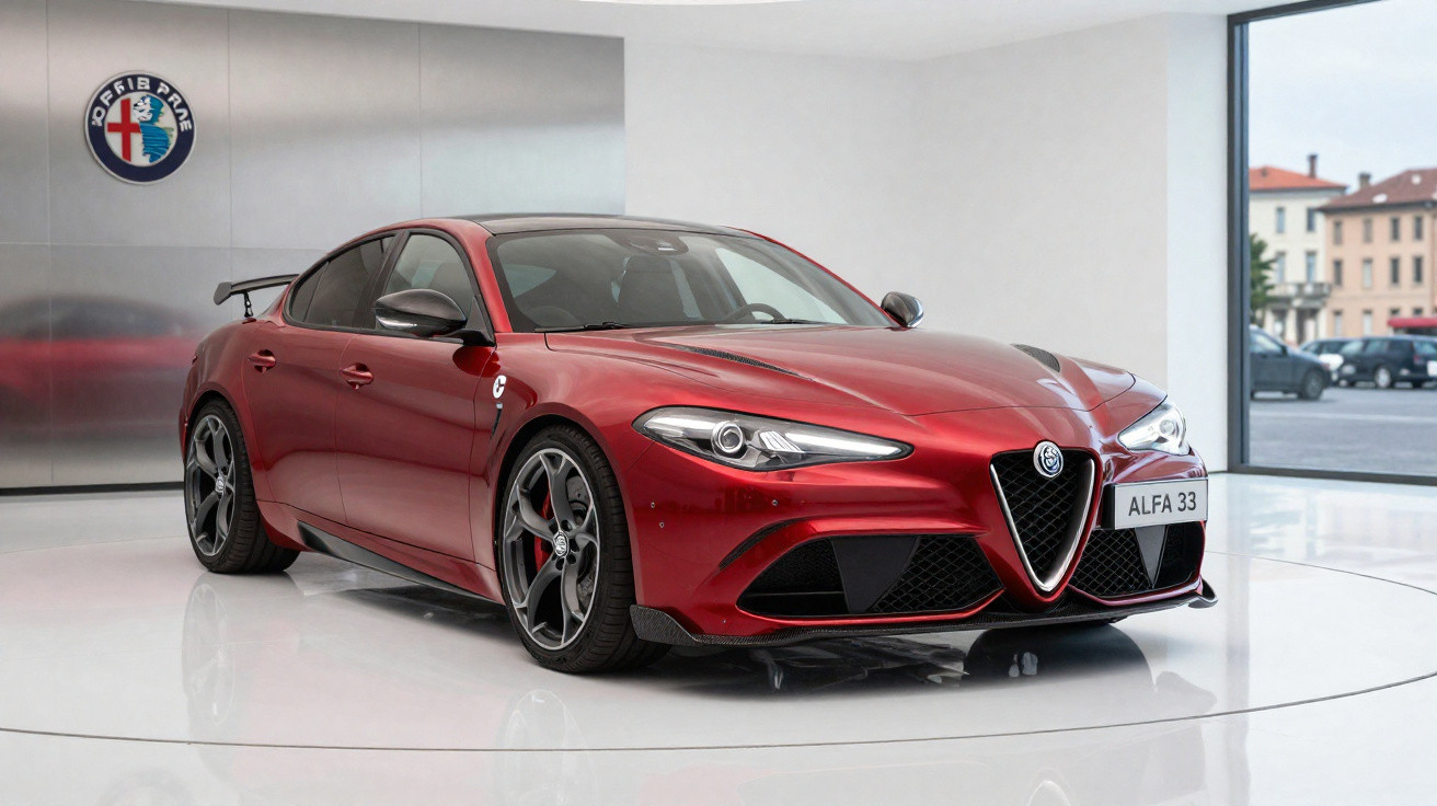 Carro esportivo Alfa Romeo Giulia vermelho em exposição em ambiente moderno com parede branca e logo da marca.