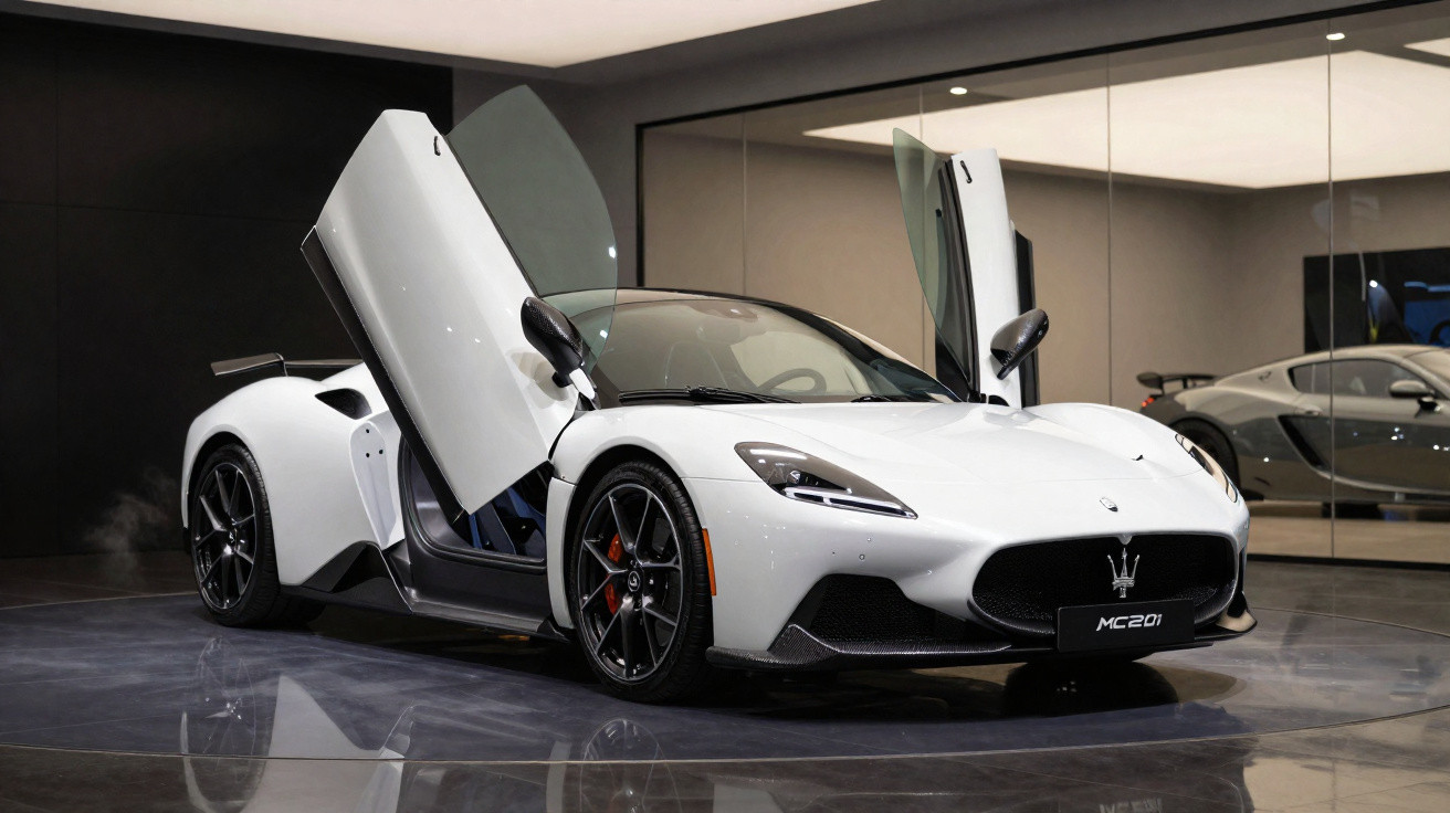 Carro esportivo branco Maserati MC20 com portas abertas para cima em showroom moderno.