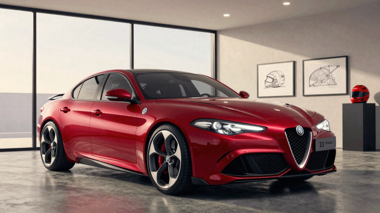 Carro esportivo Alfa Romeo Giulia na cor vermelha em ambiente moderno com janelas amplas.