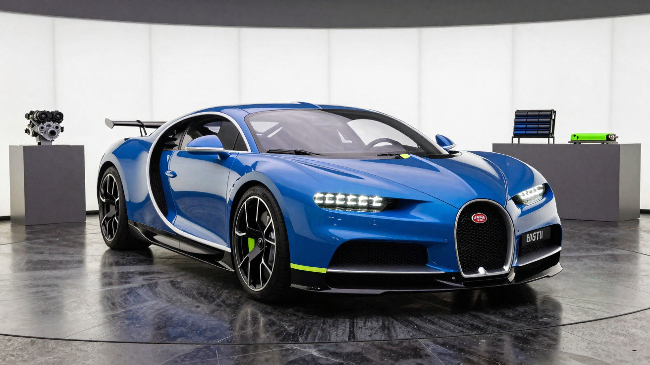 Carro esportivo Bugatti Chiron azul com detalhes pretos em ambiente interno moderno e minimalista.