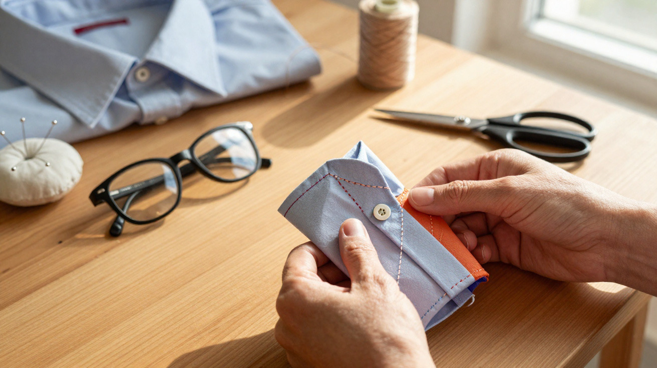 Pessoa segurando uma carteira feita de tecido de camisa azul em uma mesa com tesoura, linha e óculos.