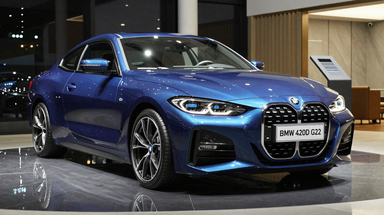 Carro BMW 420D G22 azul em exposição interna com destaque para grade frontal e faróis acesos.