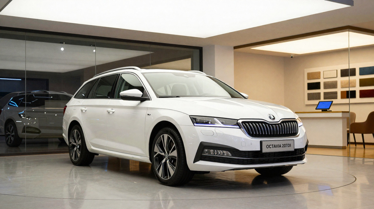 Carro sedan branco Škoda Octavia 20 TDI em exposição dentro de showroom moderno.