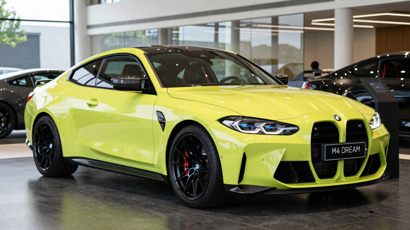 Carro esportivo BMW M4 amarelo com detalhes em preto exibido em showroom moderno.