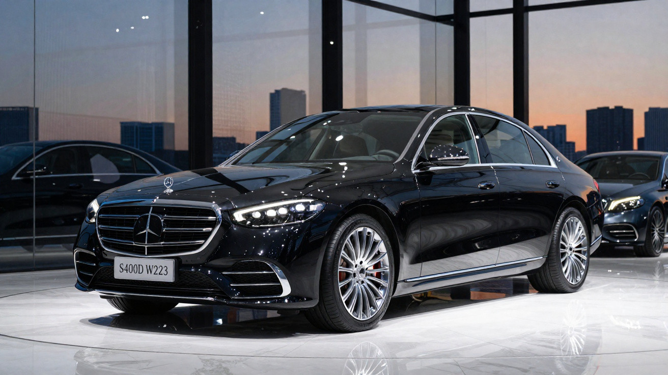 Mercedes-Benz S400D W223 preto em vitrine moderna com iluminação suave ao entardecer.
