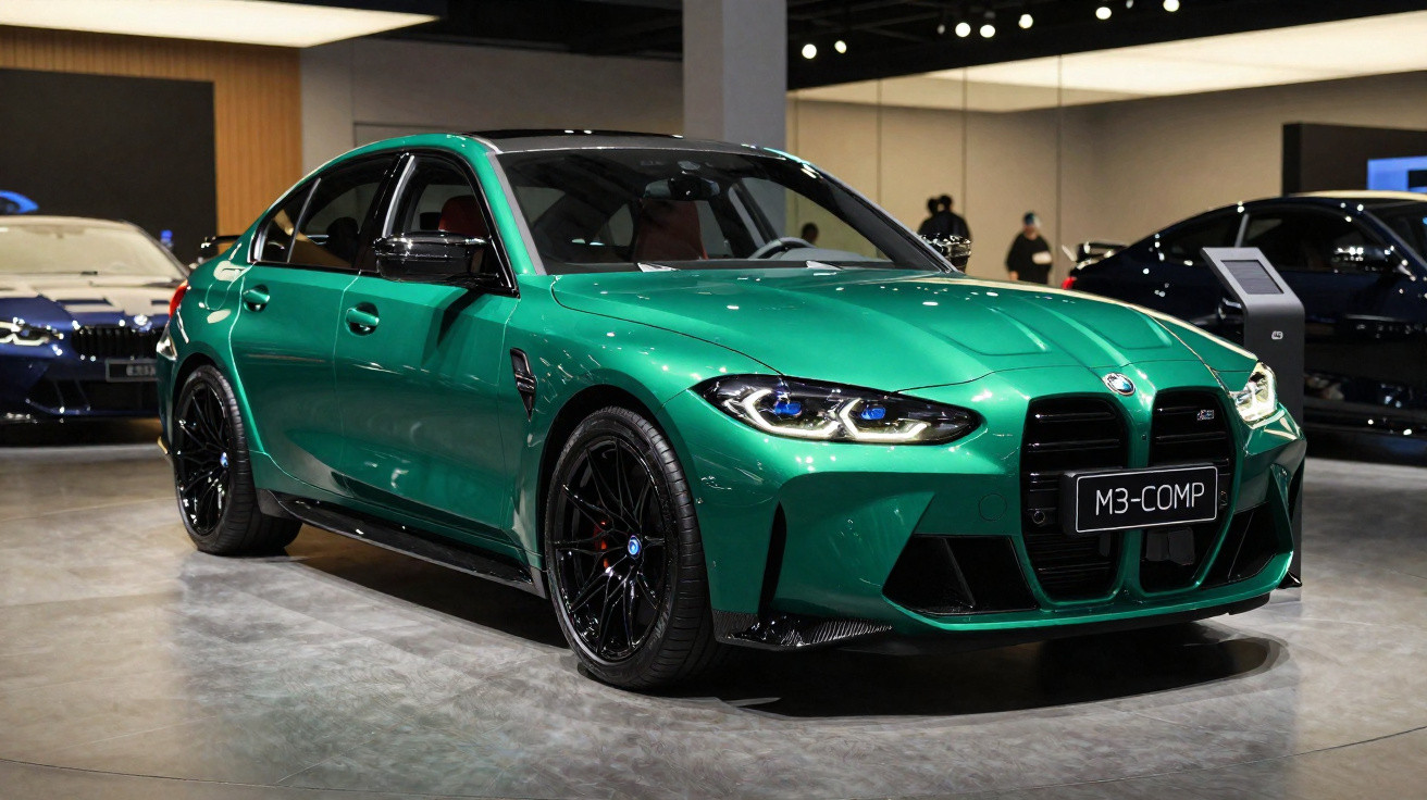 BMW M3 Competition verde em exposição interna com rodas pretas e luzes acesas.