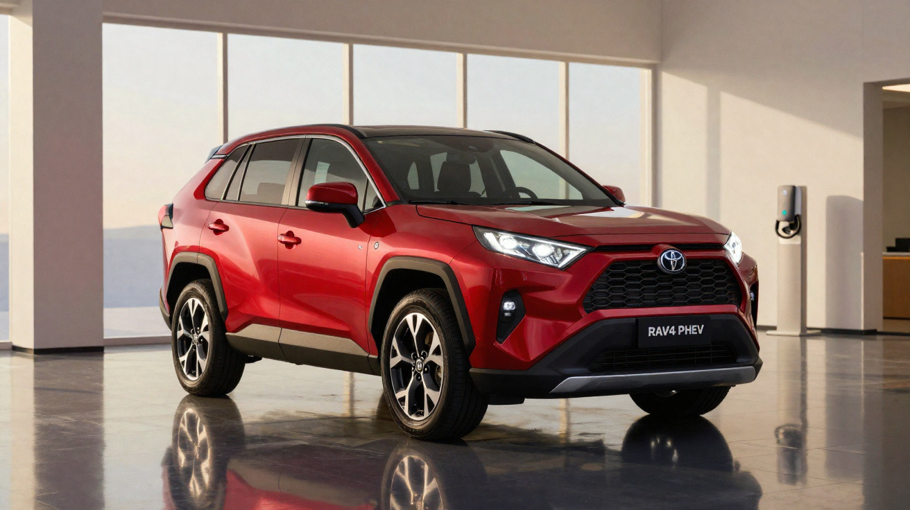 SUV Toyota RAV4 PHEV vermelho estacionado em ambiente interno com piso refletivo e iluminação natural.