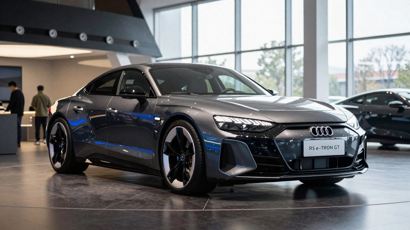 Carro elétrico Audi RS e-tron GT cinza metálico exibido em showroom moderno com grandes janelas.