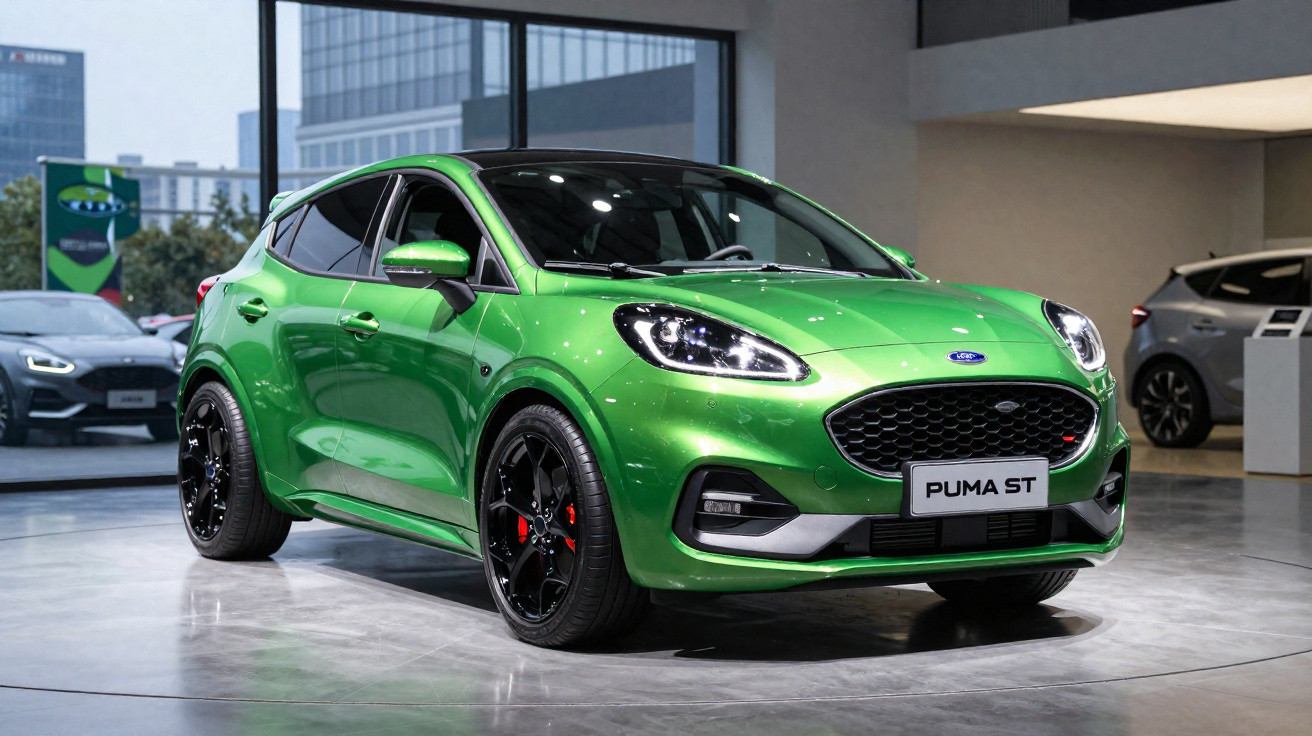Carro esportivo Ford Puma ST verde em exibição dentro de showroom moderno com piso cinza refletivo.